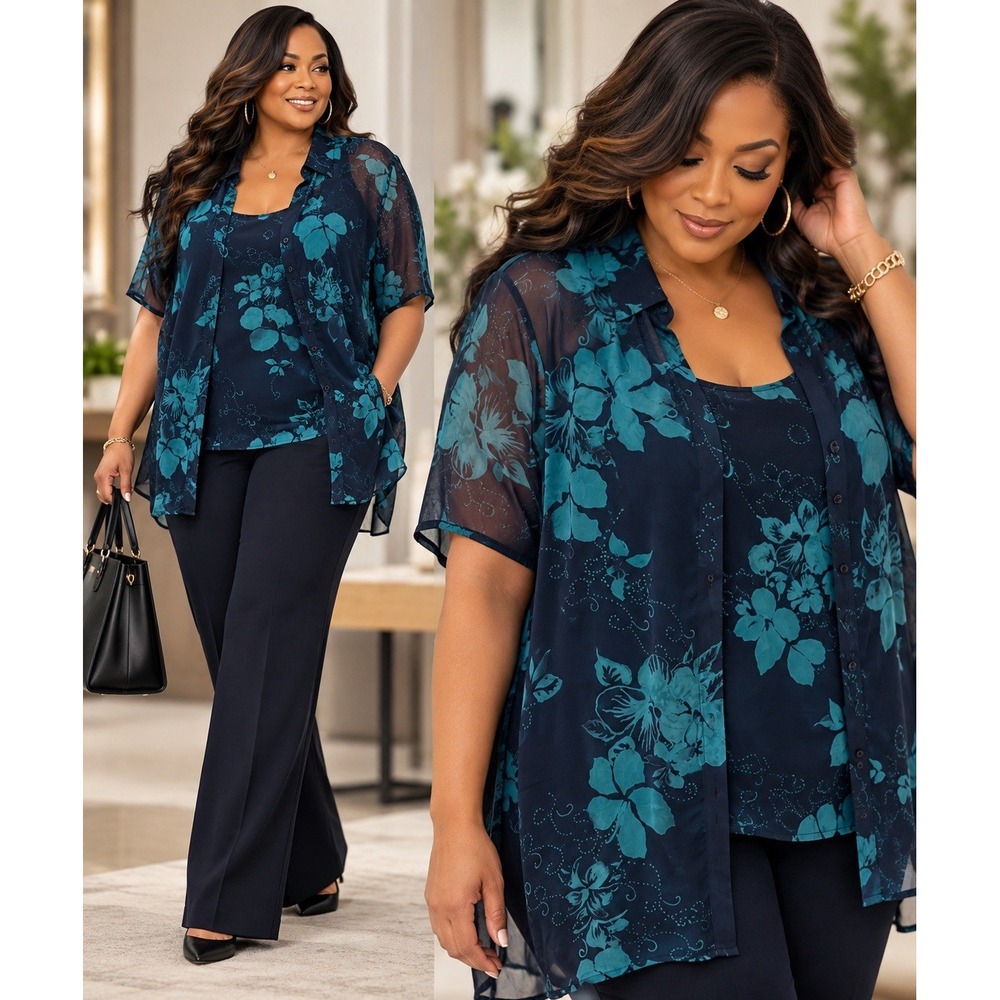 Venezia Women's 22/24 Navy Teal Floral 2 Piece Sheer Blouse Tank Plus Size